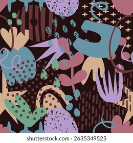 Seamless abstract contemporary vector pattern. Abstract shapes, dots, lines combined with modern colors. Basic modern shapes. Beautiful doodle printable seamless pattern. 