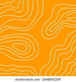 Um padrão de contorno abstrato sem costura com linhas topográficas fluindo em um fundo laranja vibrante. As formas orgânicas evocam mapas de elevação, ideais para design moderno, cartazes e fundos digitais.