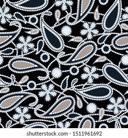 Seamless abstract contrasting pattern. Against a dark background, white outlines of flowers and Turkish cucumbers clearly stand out. Print for textiles. Vector illustration.