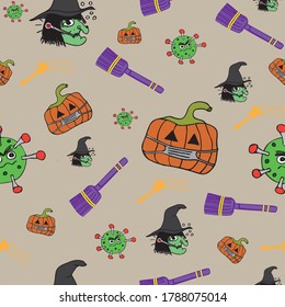 A seamless abstract COVID 19 themed halloween concept pattern with hand drawn images of a pumpkin wearing face mask, witch wearing spooky hat with thermometer, a broom, a wand and a nasty coronavirus.