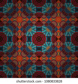 Seamless abstract curved pattern in blue, orange and brown colors. Vector illustration.