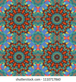 Seamless abstract curved pattern in blue, brown and yellow colors. Vector illustration.