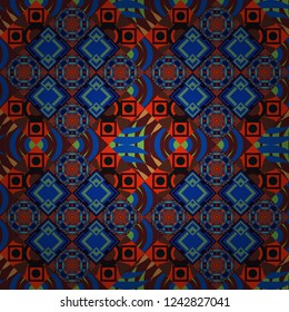 Seamless abstract curved pattern in brown, red and blue colors. Vector illustration.