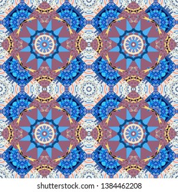 Seamless abstract curved pattern in brown, violet and blue colors. Vector illustration.