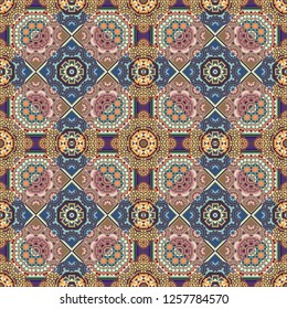Seamless abstract curved pattern in gray, blue and brown colors. Vector illustration.