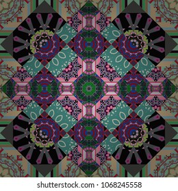 Seamless abstract curved pattern in green, blue and gray colors. Vector illustration.