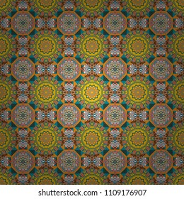 Seamless abstract curved pattern in orange, yellow and blue colors. Vector illustration.