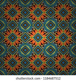 Seamless abstract curved pattern in orange, blue and black colors. Vector illustration.