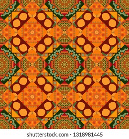 Seamless abstract curved pattern in orange, yellow and green colors. Vector illustration.