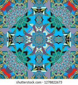 Seamless abstract curved pattern in pink, green and blue colors. Vector illustration.