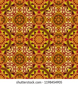 Seamless abstract curved pattern in red, orange and brown colors. Vector illustration.