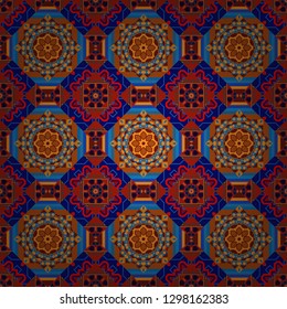 Seamless abstract curved pattern in red, orange and blue colors. Vector illustration.
