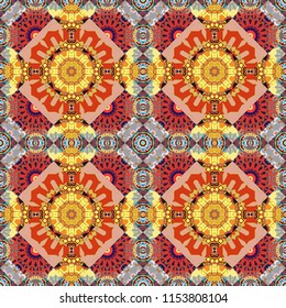 Seamless abstract curved pattern in yellow, brown and red colors.