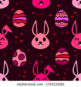 Seamless Abstract Cute Bunnies and Easter Eggs Pattern, Hand Drawn Background, Vector Illustration EPS 10.
