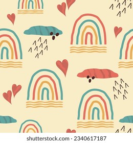 seamless abstract, cute retro pattern. contemporary art: rainbow, rain, cloud, dot, line. hand drawn illustration with texture. for print, banner, paper, textile. art vector