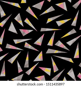Seamless Abstract Dark Colored Pink Yellow Gray Triangles Black Background Vector Pattern