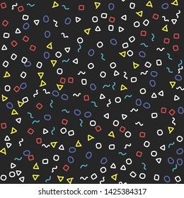 Seamless abstract dark pattern. Multicolor chaotic hand drawn memphis elements. Stylish geometrical background for fabric, textile, design, ceramic.
