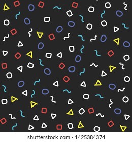 Seamless abstract dark pattern. Multicolor chaotic hand drawn memphis elements. Stylish geometrical background for fabric, textile, design, ceramic.
