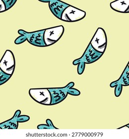Seamless abstract dead fish pattern on sandy background. Artistic ocean repeat design with playful scribble coloring for fabric prints and creative branding.