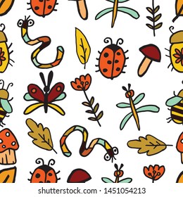 Seamless abstract decorative autumn pattern. Mushrooms, insects, flower and autumn leaves. Bee, dragonfly, beetle, butterfly, worm and ladybug on an isolated white background.