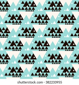 Seamless abstract decorative background.  Repeating geometric tiles from blue, black and white triangles.