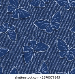 Seamless abstract denim pattern with flying butterflies with spread wings. Random composition. Grunge boho style. Dotted textured background.