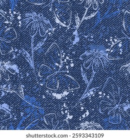 Seamless abstract denim pattern with splattered paint, blots, butterfly, chamomile flowers. Outline contour illustrations. Random composition. Grunge boho style. Dotted textured background