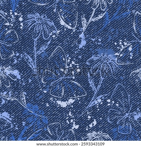 Seamless abstract denim pattern with splattered paint, blots, butterfly, chamomile flowers. Outline contour illustrations. Random composition. Grunge boho style. Dotted textured background