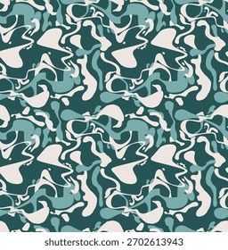 Um design abstrato sem costura apresentando formas irregulares e onduladas em vários tons de azul (verde escuro, verde médio, verde claro) entrelaçadas com formas brancas cremosas. Sobrepostas são delicadas esboços a tinta preta 