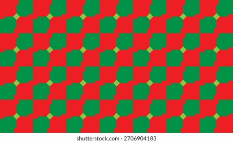 A seamless abstract design featuring repeating green shapes arranged diagonally across a red canvas, with soft yellow diamonds highlighting each intersection