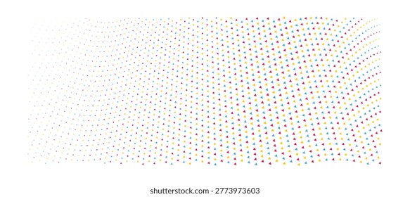 A seamless abstract design featuring a wavelike arrangement of small colorful triangles in red yellow cyan and light blue