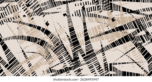 Design abstrato sem emenda. Linhas de grunge e padrões de grade arquitetônicos. Elementos de grafite em tons de cinza e bege com texturas de tinta. 