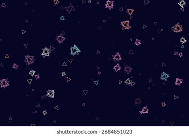 Nahtloses abstraktes Design zeigt schwebende Dreiecke mit bunten Kanten, die in einem zufälligen Muster auf dunkelblauem, fast schwarzem Hintergrund angeordnet sind.