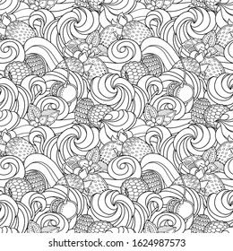 Seamless abstract dessert pattern in doodle style. Decorative ornate floral  vector design elements. Black and white monochrome background. Berries in whipped cream swirl. Zentangle coloring book page