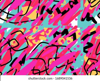 Seamless abstract doodle background pattern in bright summer positive colors. Hand-drawn abstract pattern with randomly arranged spots and dots and lines. Pencil and paint texture.