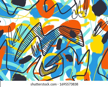 Nahtlose abstrakte, doodle Hintergrundmuster in hellen, sommerlich positiven Farben. Handgezeichnetes abstraktes Muster mit zufällig angeordneten Flecken, Punkten und Linien. Bleistift und Farbstruktur.