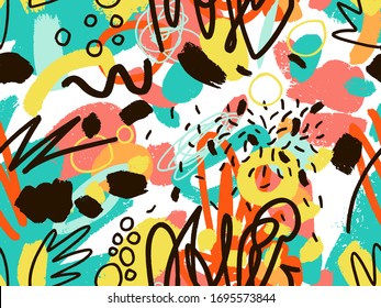 Seamless abstract doodle background pattern in bright summer positive colors. Hand-drawn abstract pattern with randomly arranged spots and dots and lines. Pencil and paint texture.