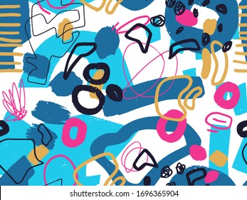 Seamless abstract doodle background pattern in bright summer positive colors. Hand-drawn abstract pattern with randomly arranged spots and dots and lines. Pencil and paint texture.