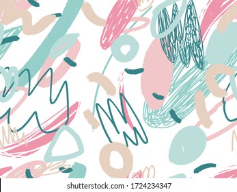 Seamless abstract doodle background pattern in bright summer positive colors. Hand-drawn abstract pattern with randomly arranged spots and dots and lines. Pencil and paint texture.