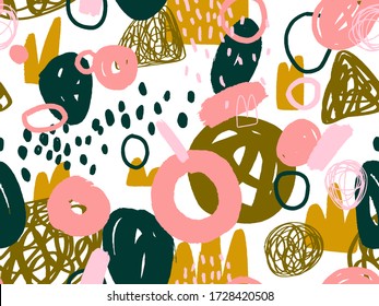 Seamless abstract doodle background pattern in bright summer positive colors. Hand-drawn abstract pattern with randomly arranged spots and dots and lines. Pencil and paint texture.