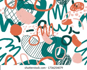 Seamless abstract doodle background pattern in bright summer positive colors. Hand-drawn abstract pattern with randomly arranged spots and dots and lines. Pencil and paint texture.