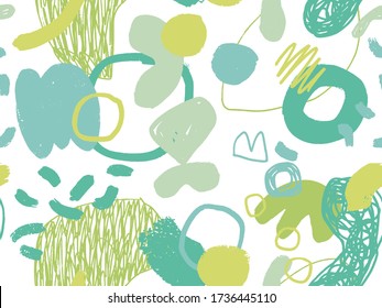 Seamless abstract doodle background pattern in bright summer positive colors. Hand-drawn abstract pattern with randomly arranged spots and dots and lines. Pencil and paint texture.
