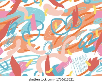 Seamless abstract doodle background pattern in bright summer positive colors. Hand-drawn abstract pattern with randomly arranged spots and dots and lines. Pencil and paint texture.