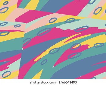 Seamless abstract doodle background pattern in bright summer positive colors. Hand-drawn abstract pattern with randomly arranged spots and dots and lines. Pencil and paint texture.
