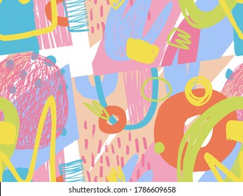 Seamless abstract doodle background pattern in bright summer positive colors. Hand-drawn abstract pattern with randomly arranged spots and dots and lines. Pencil and paint texture.