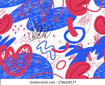 Seamless abstract doodle background pattern in bright summer positive colors. Hand-drawn abstract pattern with randomly arranged spots and dots and lines. Pencil and paint texture.