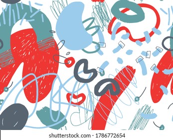 Seamless abstract doodle background pattern in bright summer positive colors. Hand-drawn abstract pattern with randomly arranged spots and dots and lines. Pencil and paint texture.