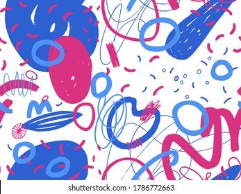 Seamless abstract doodle background pattern in bright summer positive colors. Hand-drawn abstract pattern with randomly arranged spots and dots and lines. Pencil and paint texture.