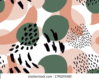 Seamless Abstract Doodle Background Pattern In Bright Summer Positive Colors. Hand-drawn Abstract Pattern With Randomly Arranged Spots And Dots And Lines. Pencil And Paint Texture.