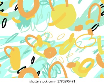 Seamless abstract doodle background pattern in bright summer positive colors. Hand-drawn abstract pattern with randomly arranged spots and dots and lines. Pencil and paint texture.